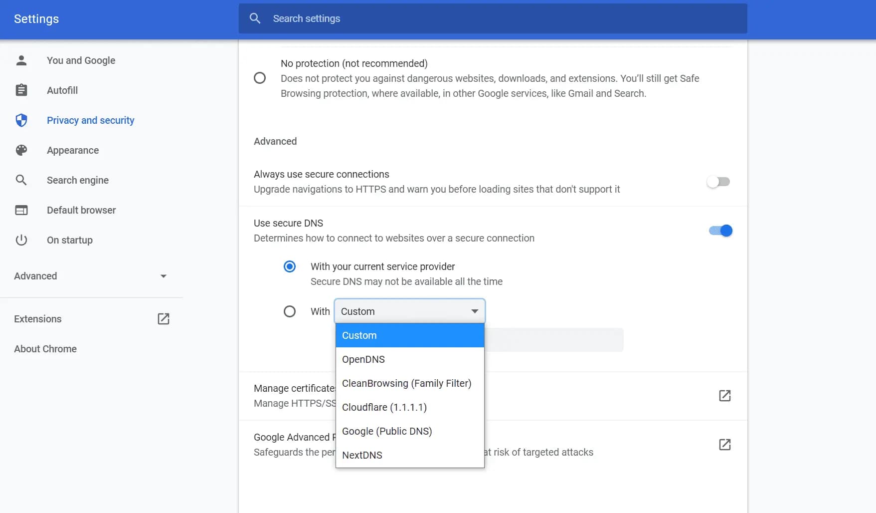 Chrome Secure DNS Toggle