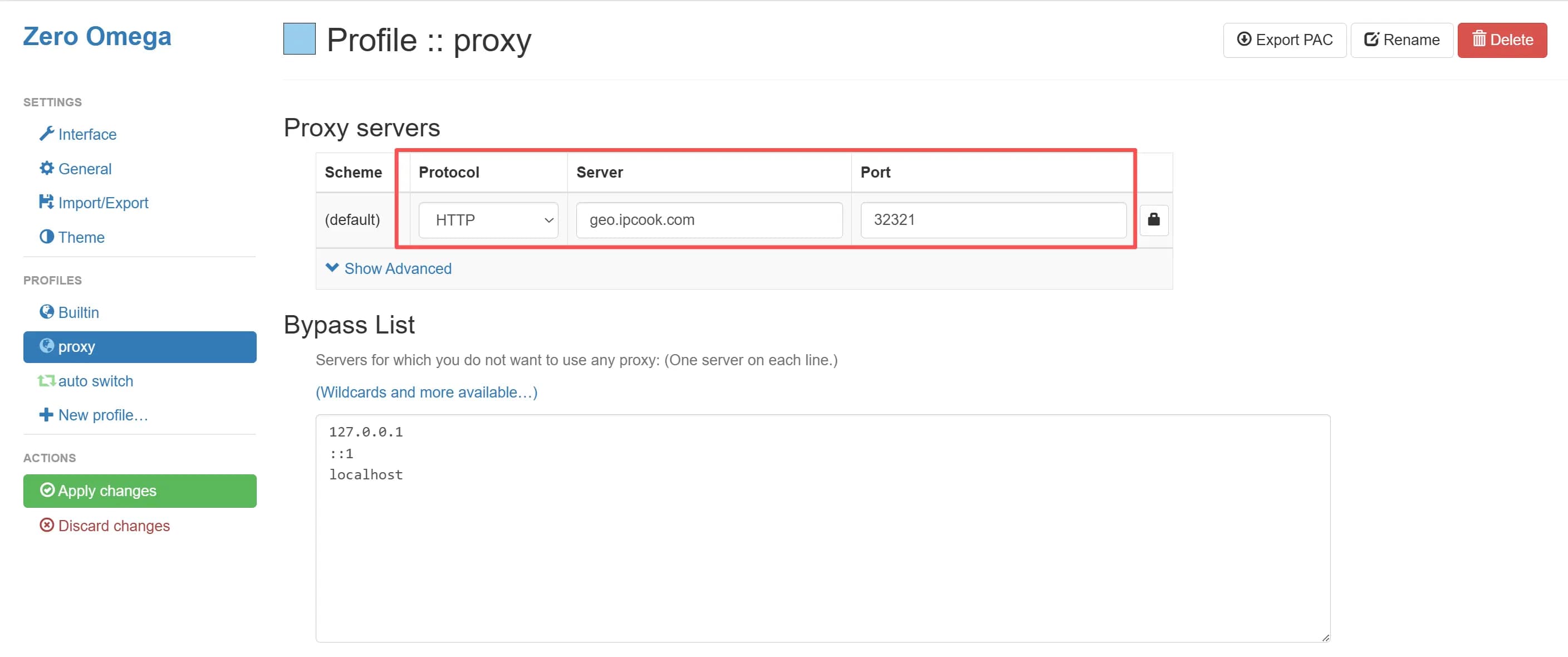 zeroOmega Chrome extension popup