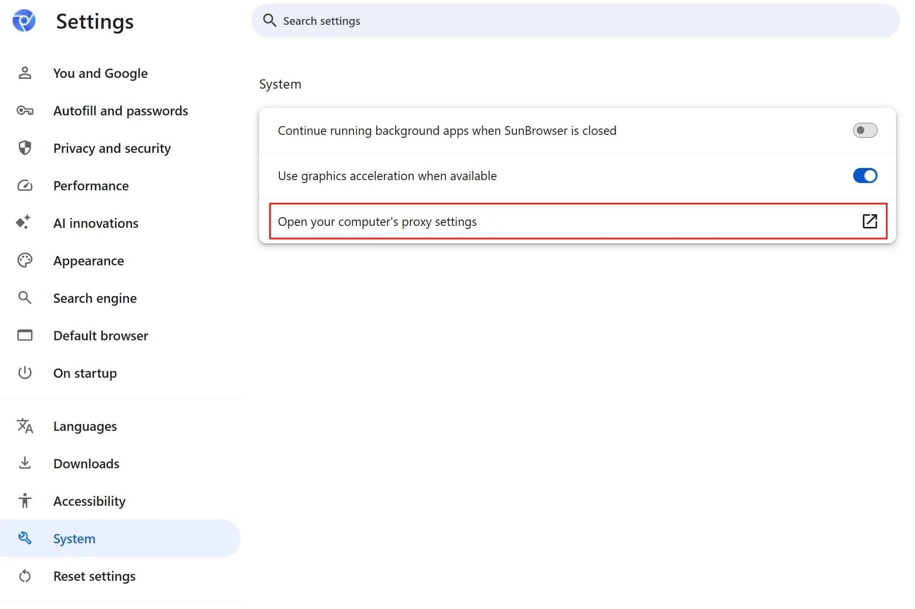 Browser proxy settings page