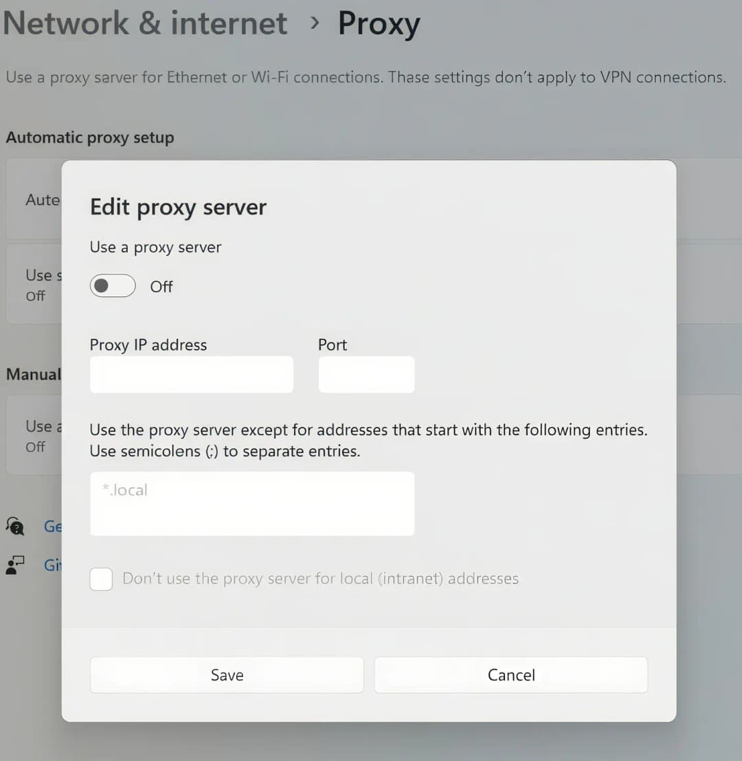 Windows edit proxy server settings