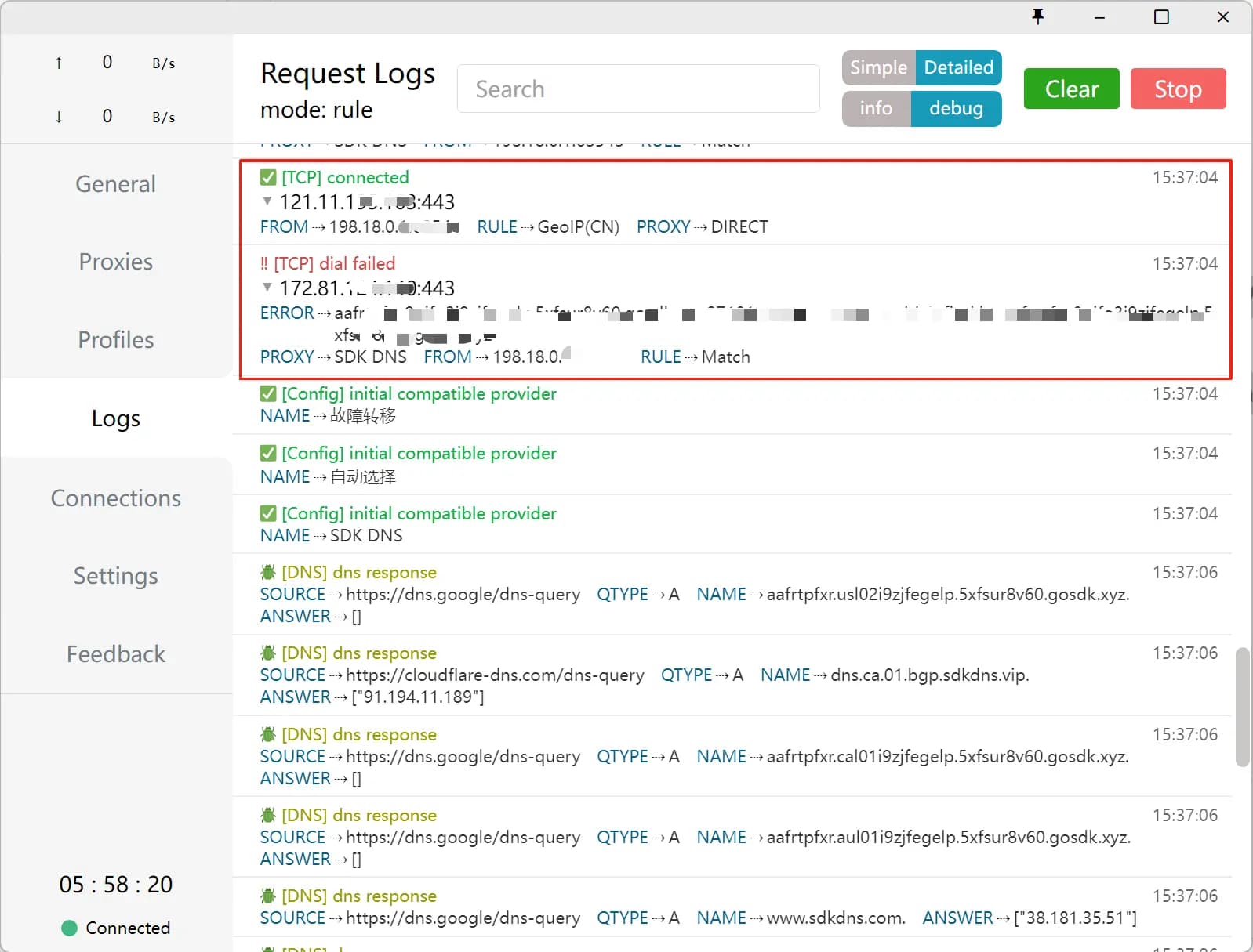 Proxy request log showing TCP connected and dial failed entries