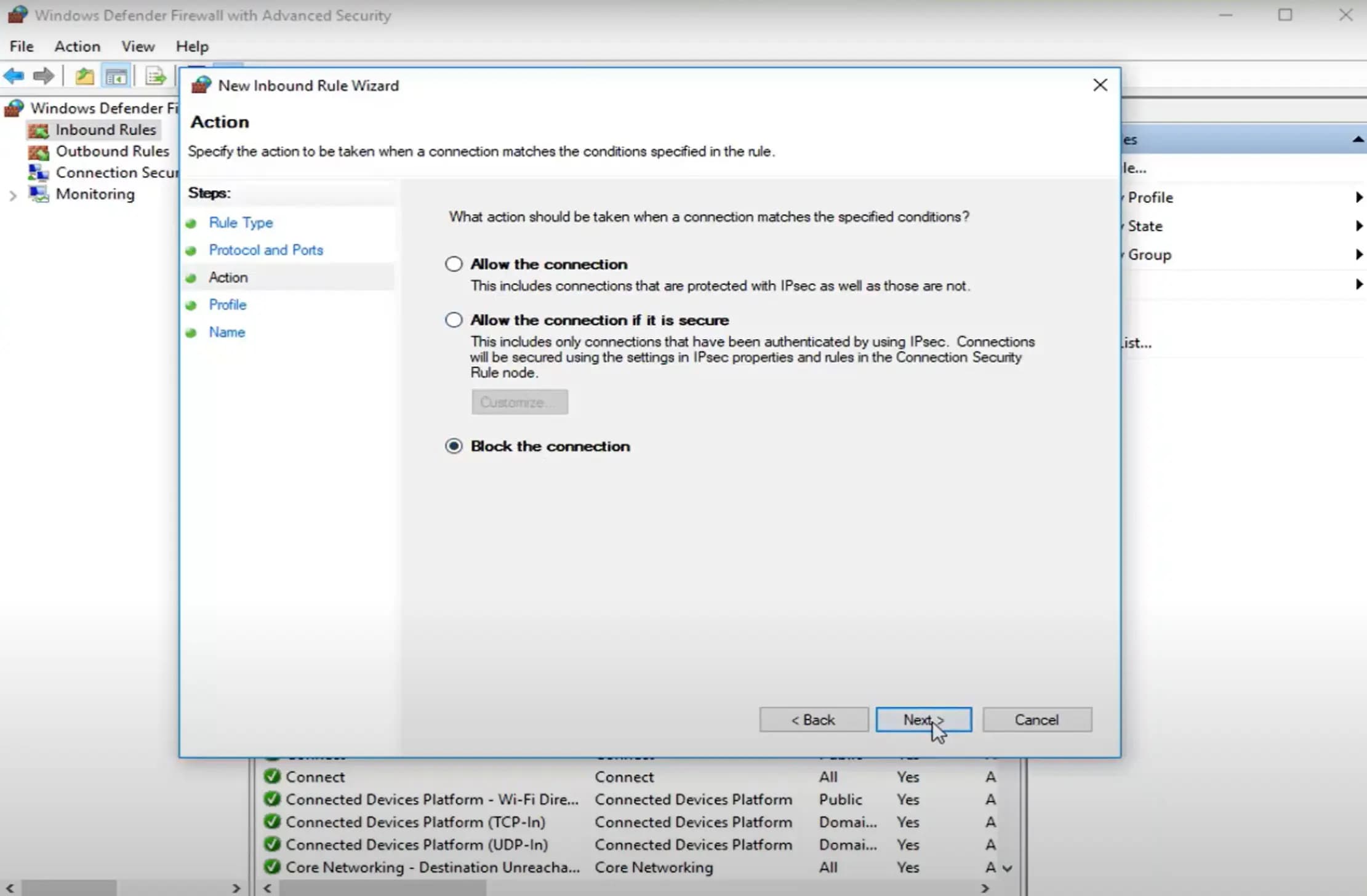 Windows Defender Firewall inbound rule wizard