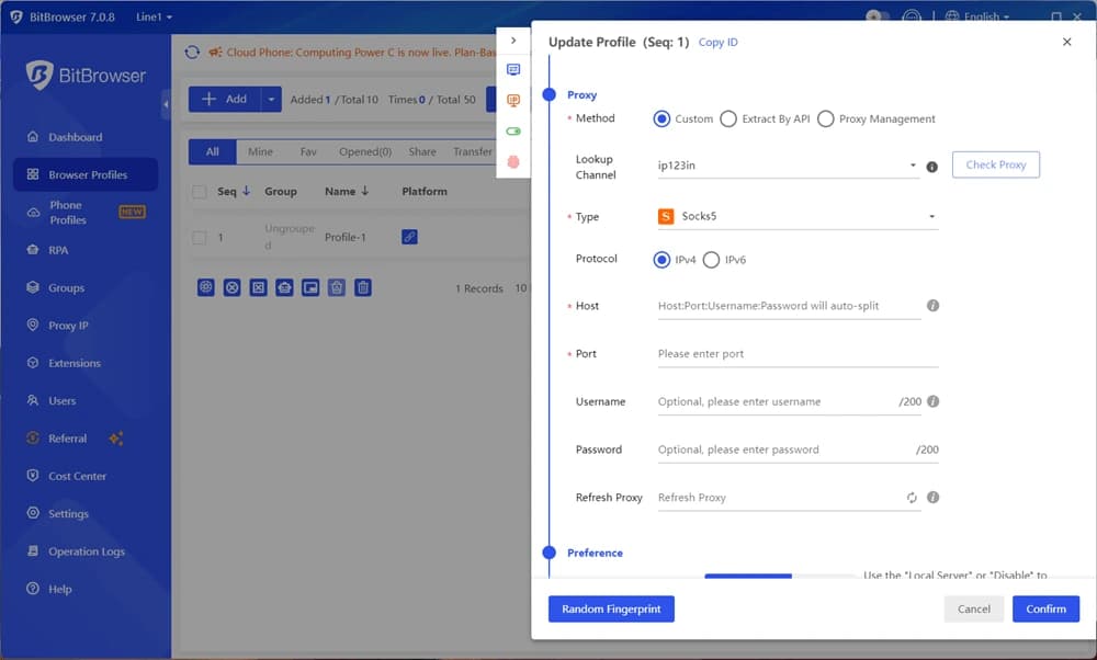 Add Proxy in BitBrowser Profile