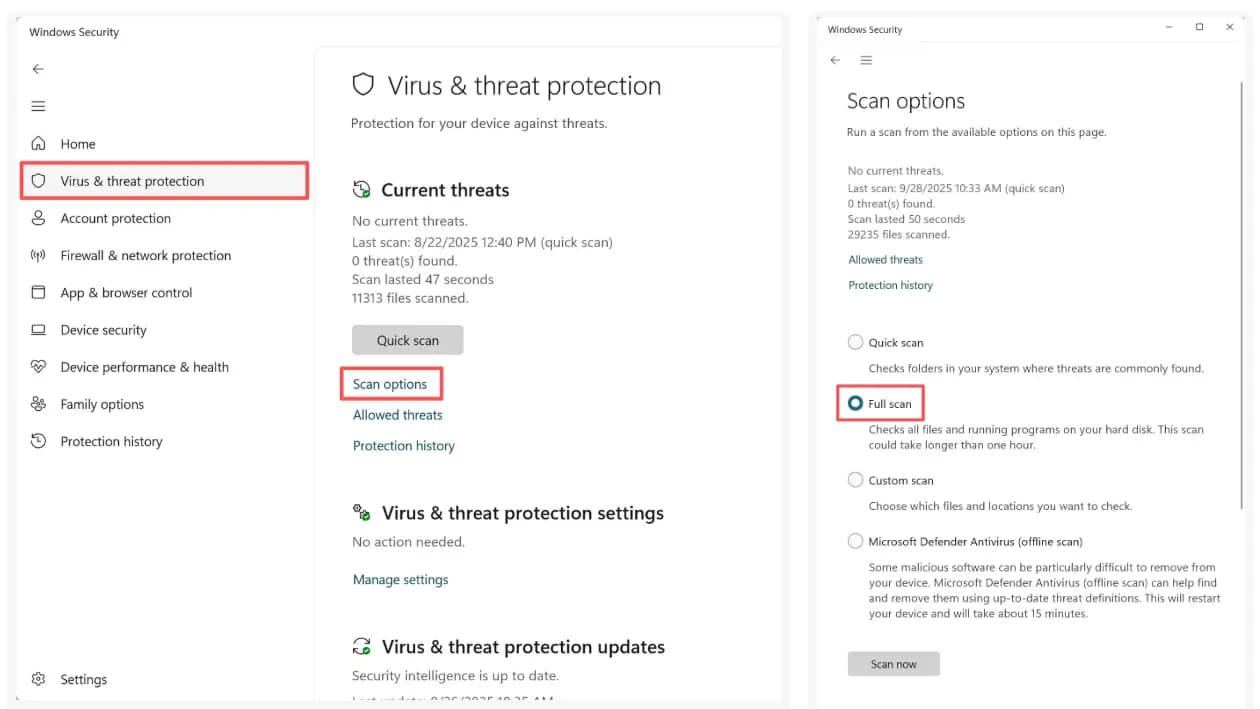 Windows Security full virus scan options