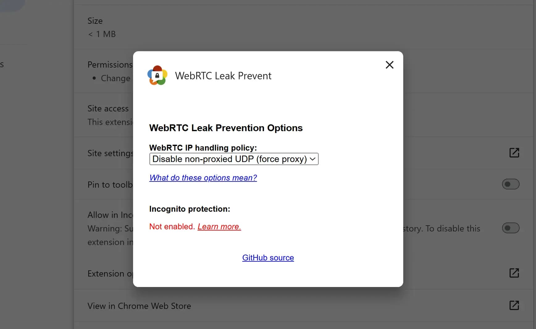WebRTC Leak Prevent Extension Settings