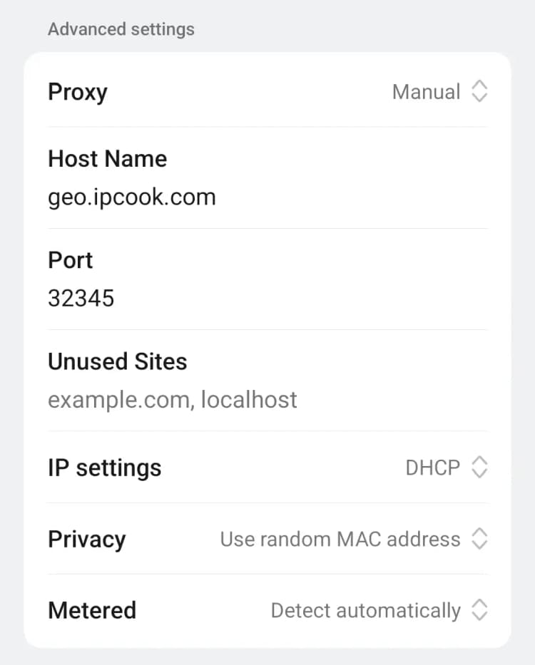 Android proxy advanced settings