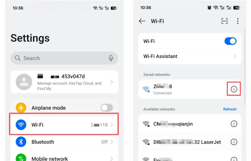 Android Wi-Fi settings with info