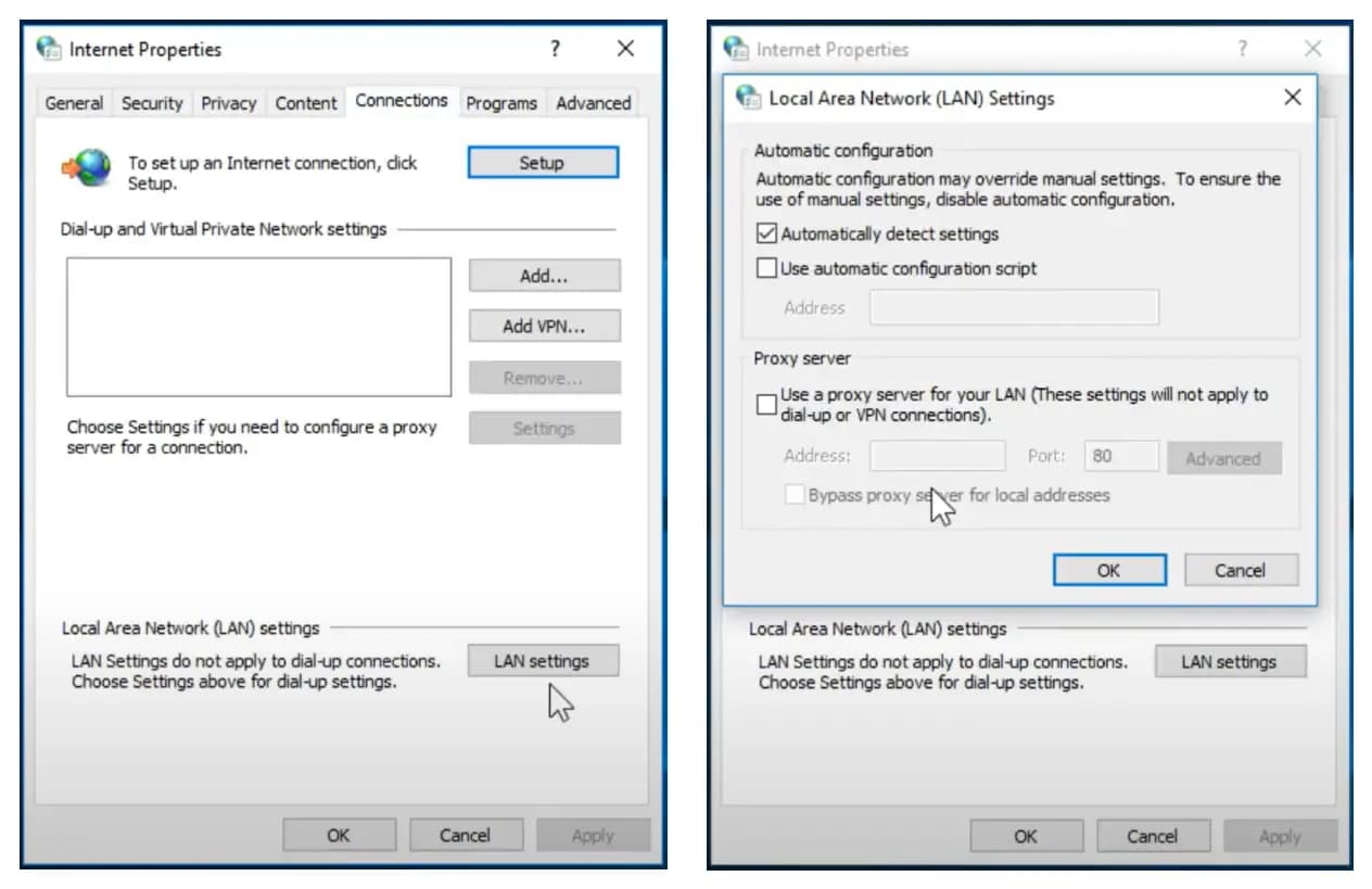 Windows Internet Properties LAN proxy settings