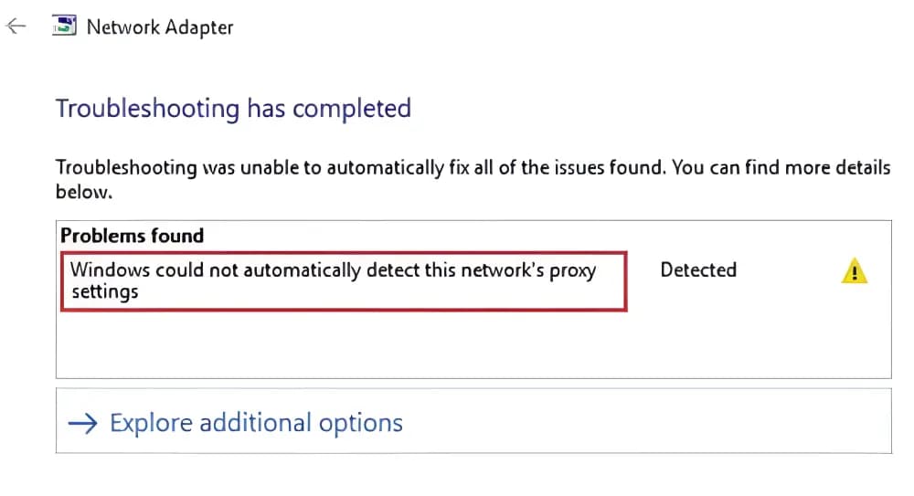 windows network proxy error detected
