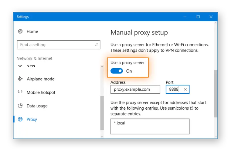 Toggle Use A Proxy Server On