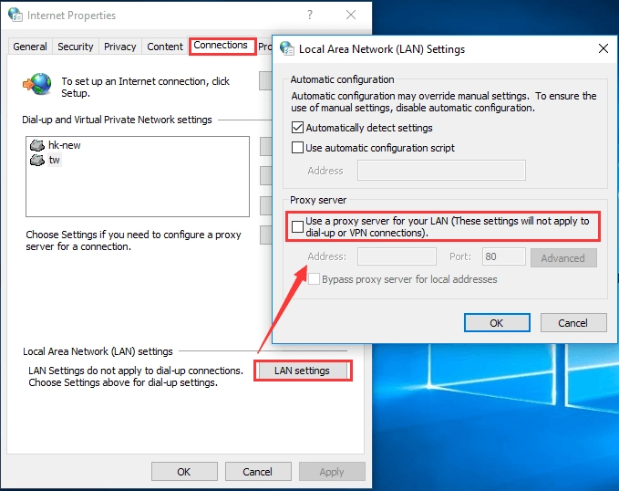 Windows LAN settings without Use a proxy server