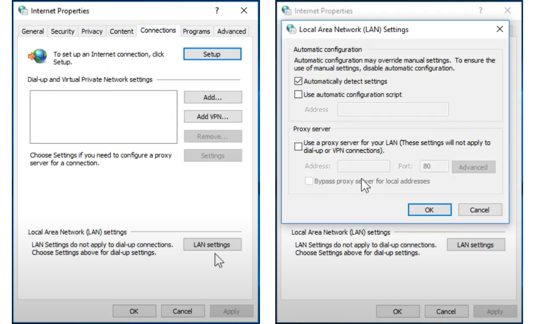 Windows Internet Properties with LAN settings configuration