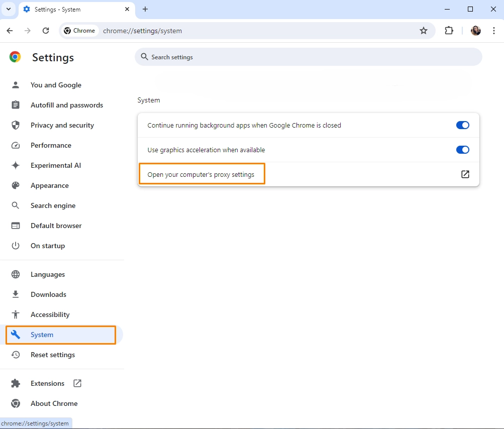 Google Chrome open computer’s proxy settings