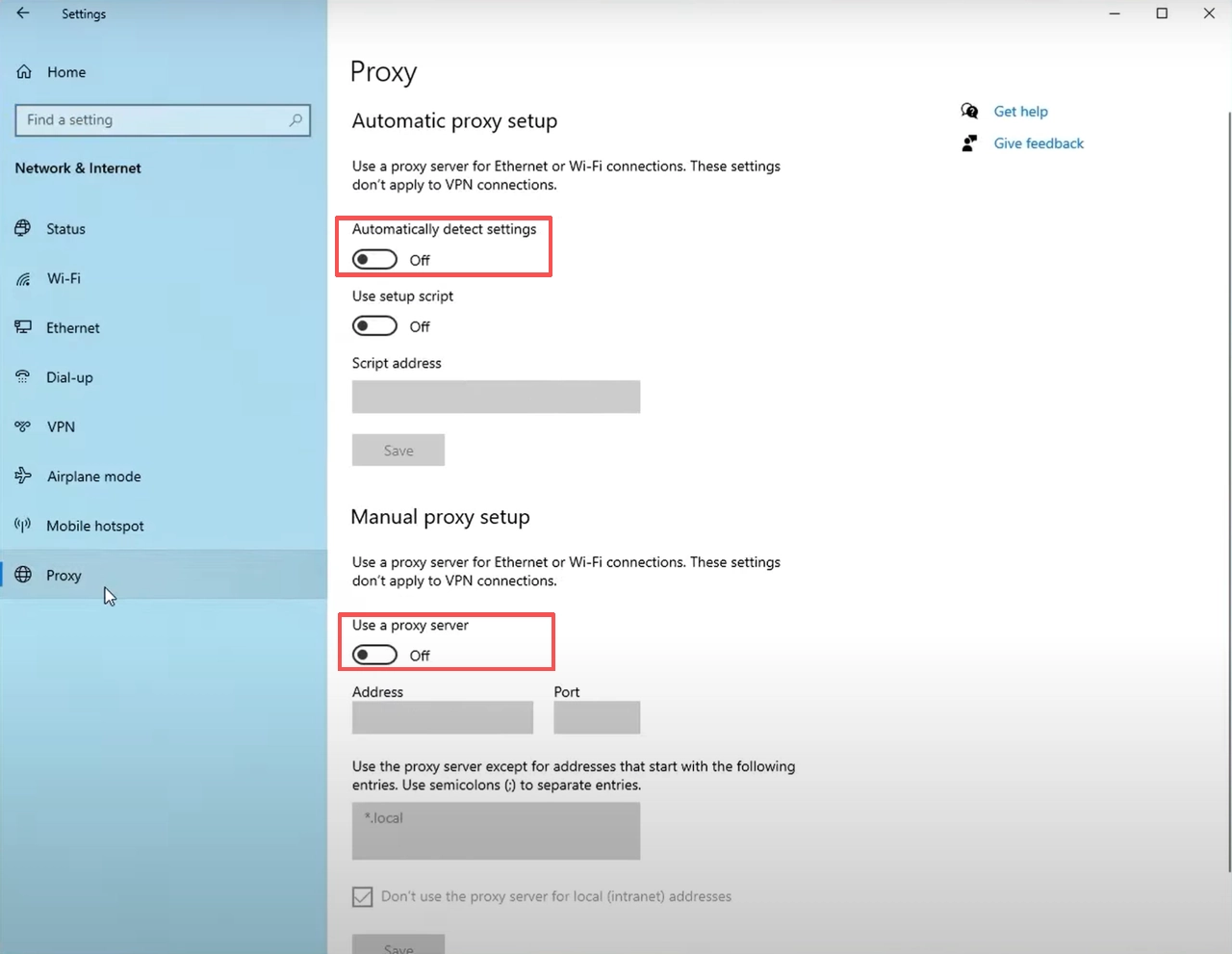 Windows proxy settings with automatic detect and manual proxy off