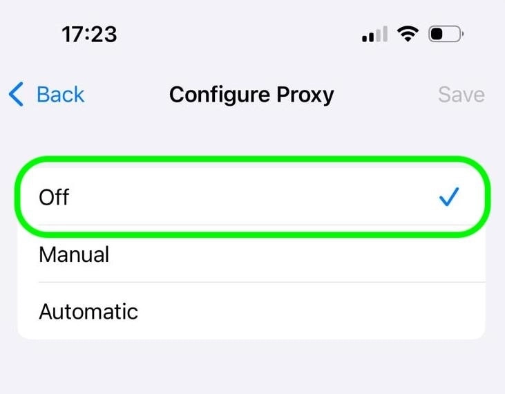 iPhone configure proxy options off