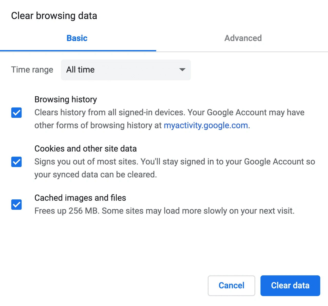 Clear Chrome browsing cache