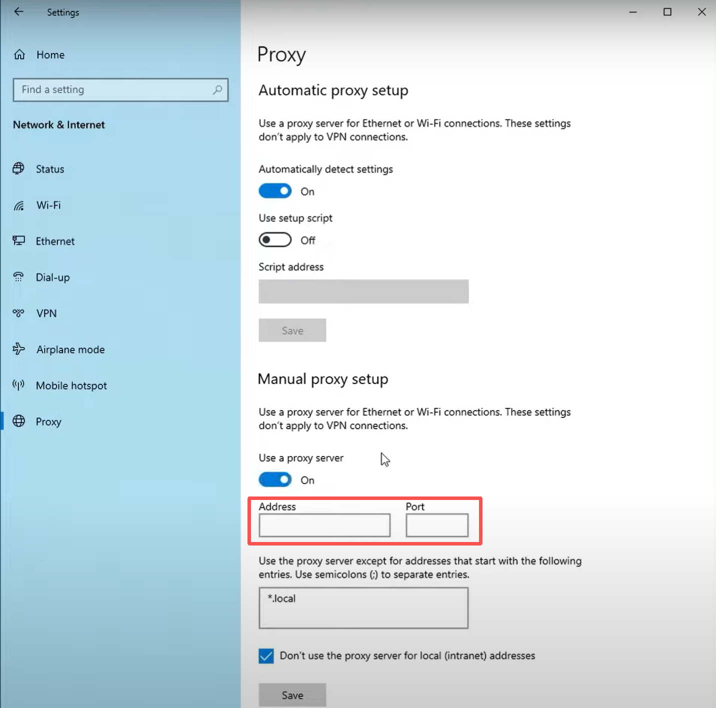 Windows Proxy settings with Manual proxy setup enabled 