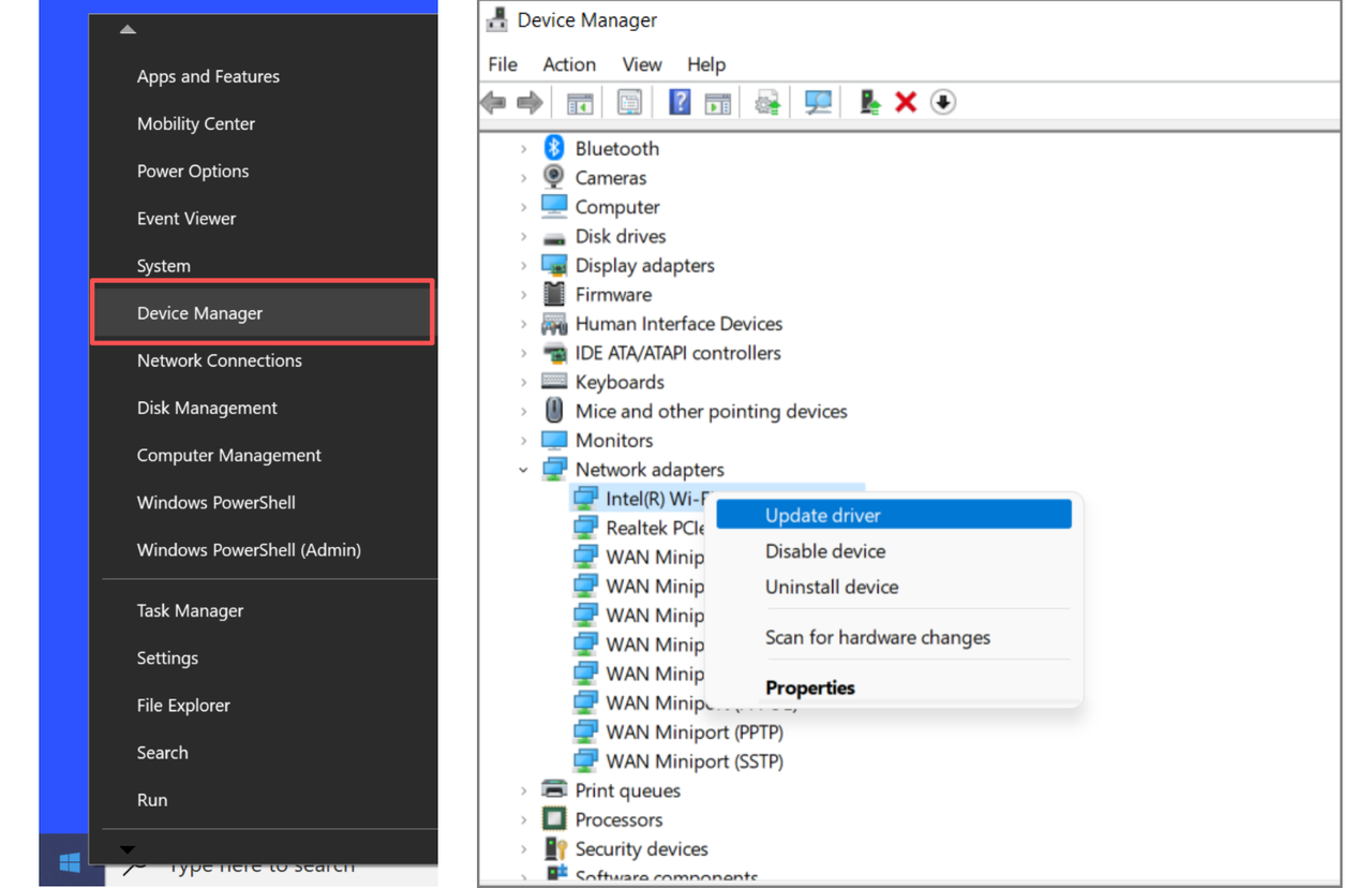 Windows Device Manager showing how to update network adapter driver