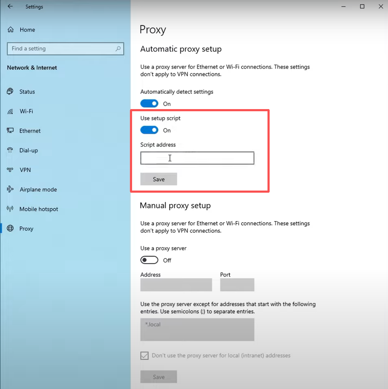 Windows Proxy settings with Use setup script enabled