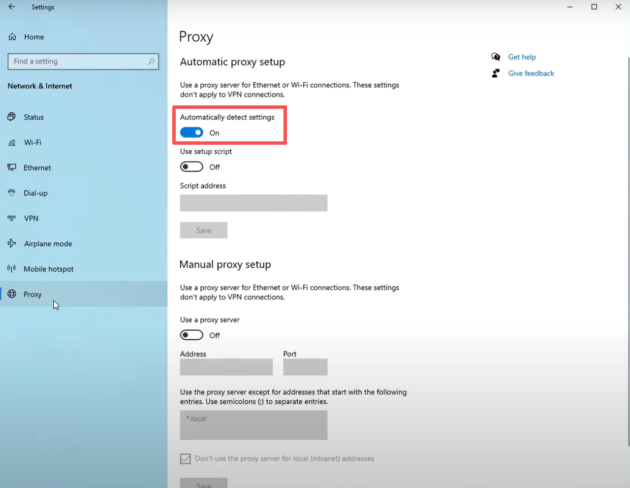 Windows Proxy settings with Automatically detect settings enabled