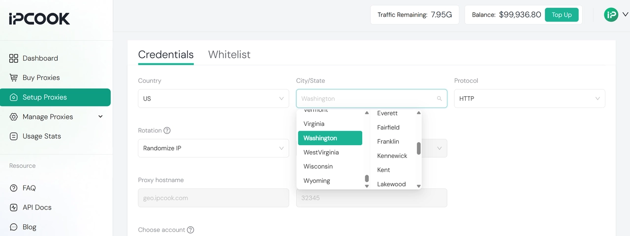 IPcook Setup Proxies with country and city selection
