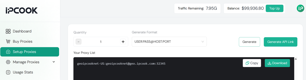 IPcook dashboard generating proxy list