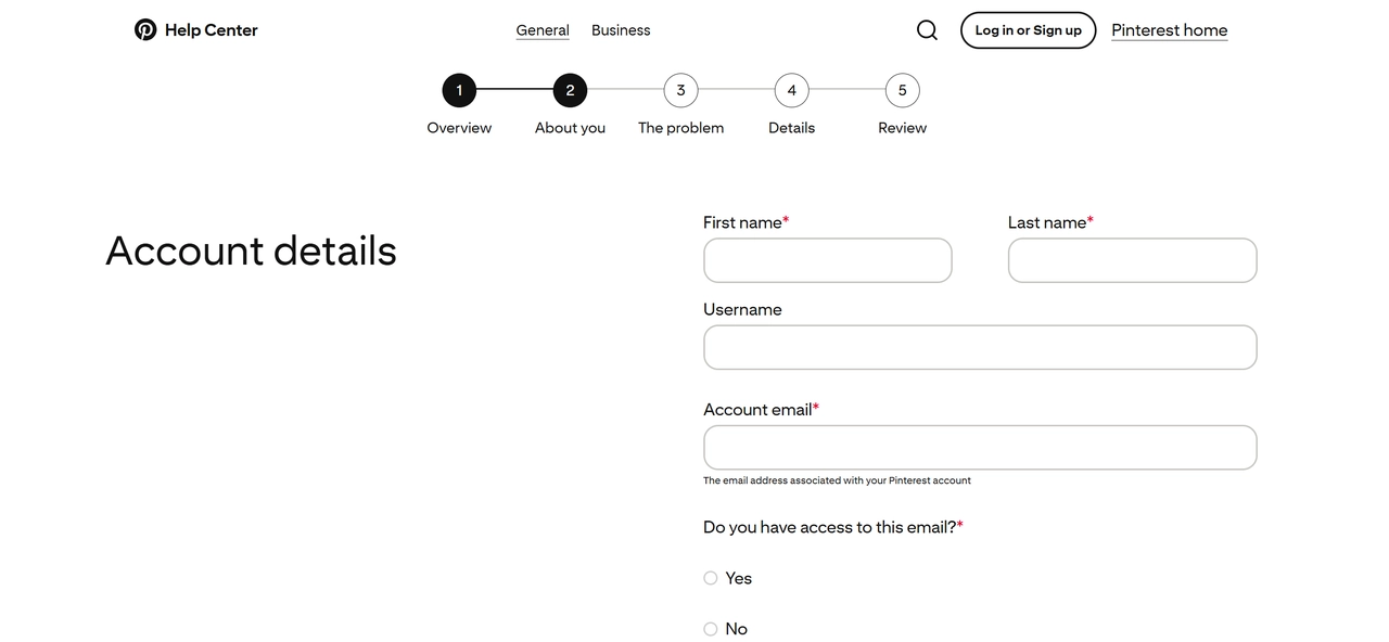 Pinterest Help Center account recovery form