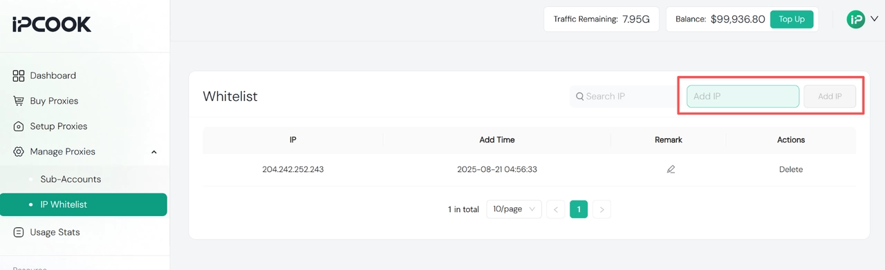 IPcook dashboard IP Whitelist settings