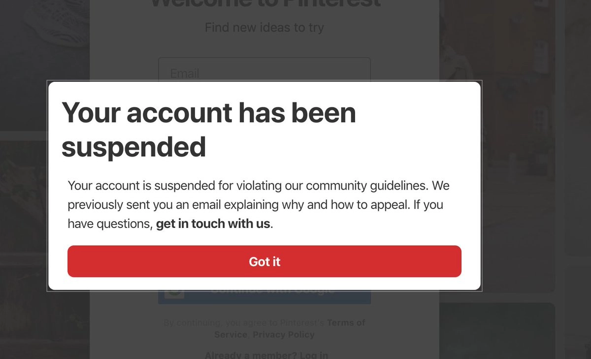 Pinterest account suspension message 