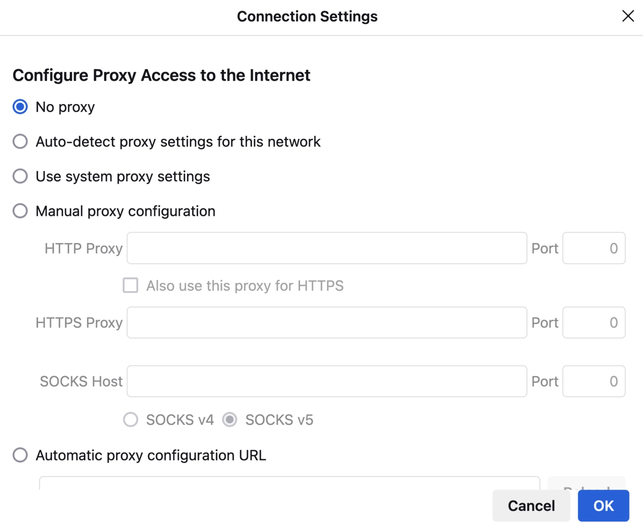 Firefox Connection Settings with No proxy selected