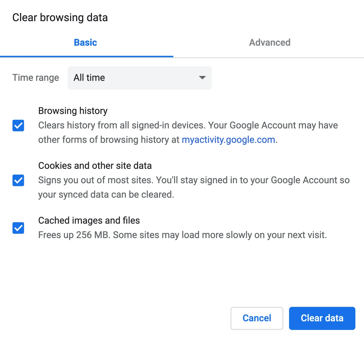 Clear Chrome browsing cache