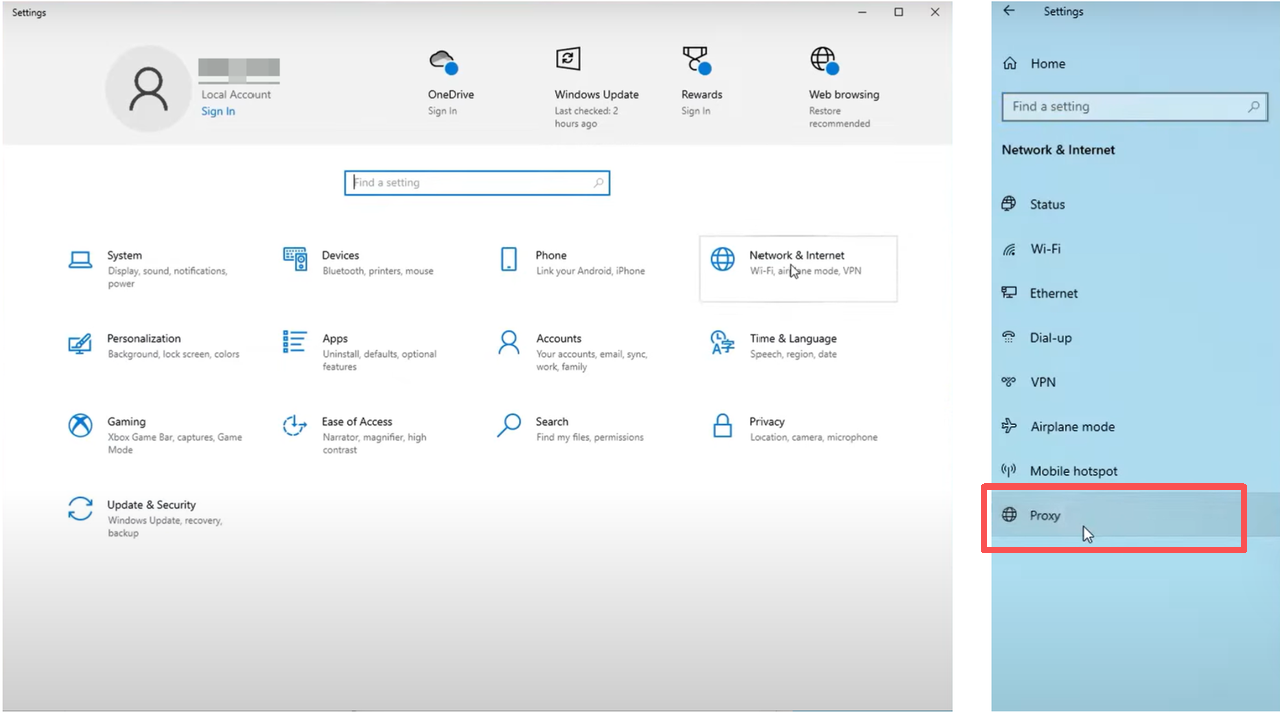 Windows Network & Internet  settings showing Proxy