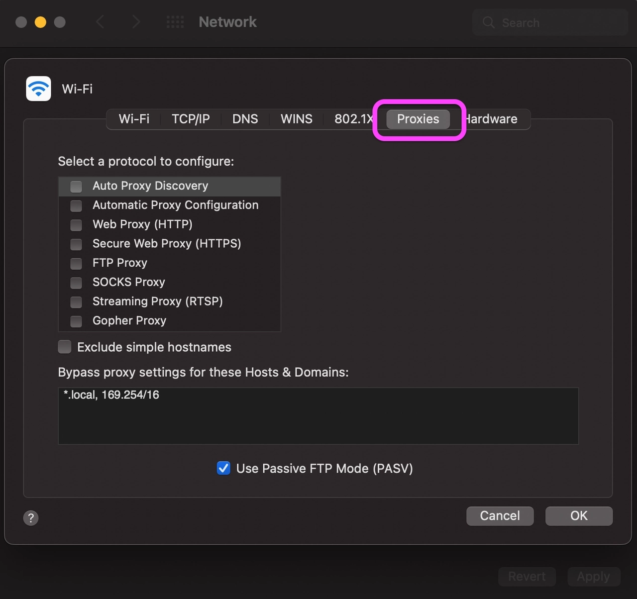 macOS network proxies settings