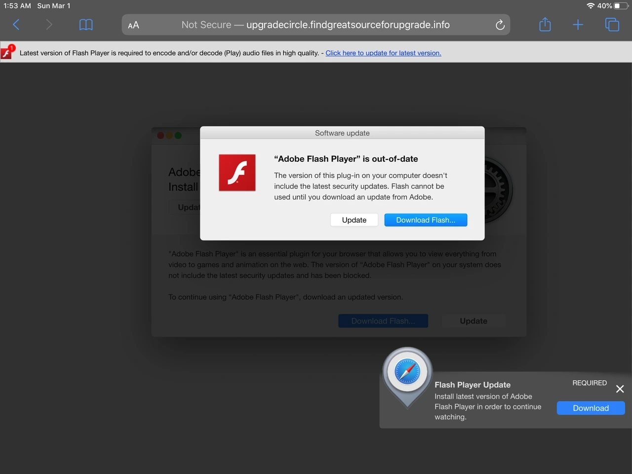 Fake Flash Player update pop-up