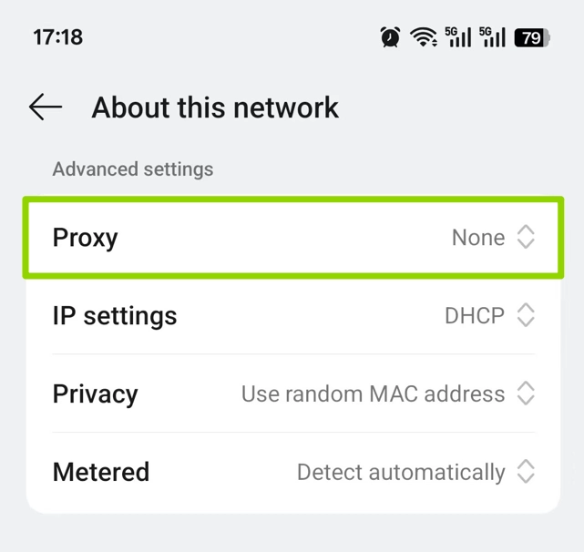 Android Wi-Fi advanced settings with Proxy set to None