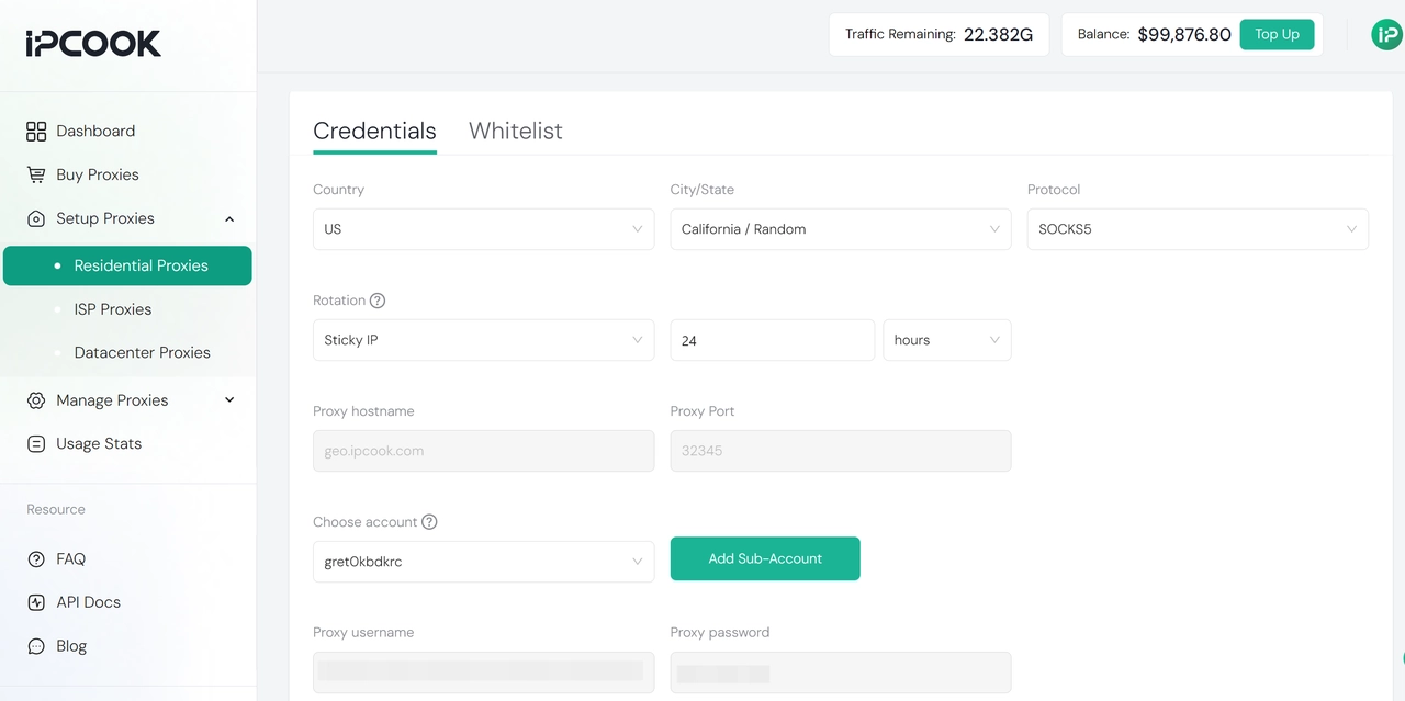 IPcook setup proxies dashboard