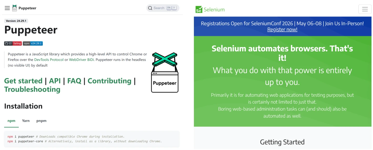 Puppeteer and Selenium browser automation
