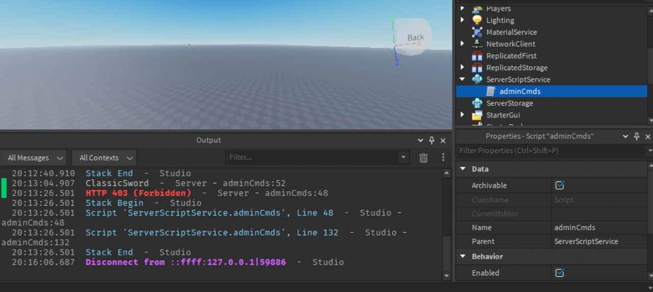 Roblox Developer Console HTTP 403 Forbidden error