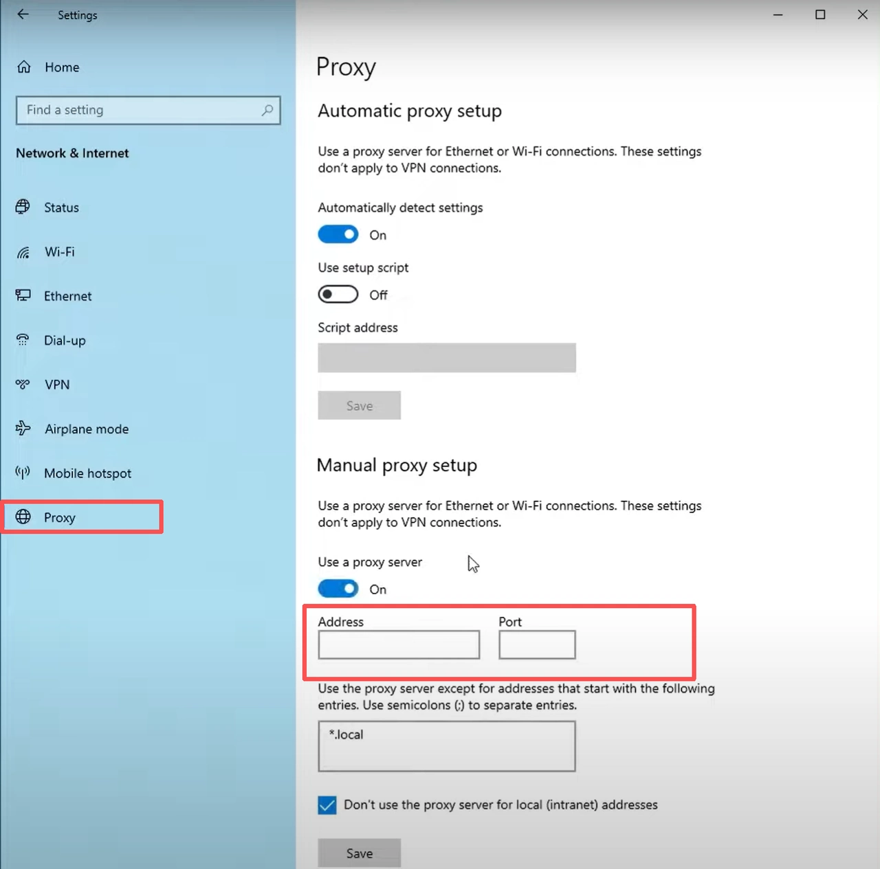 Windows proxy manual setup screen